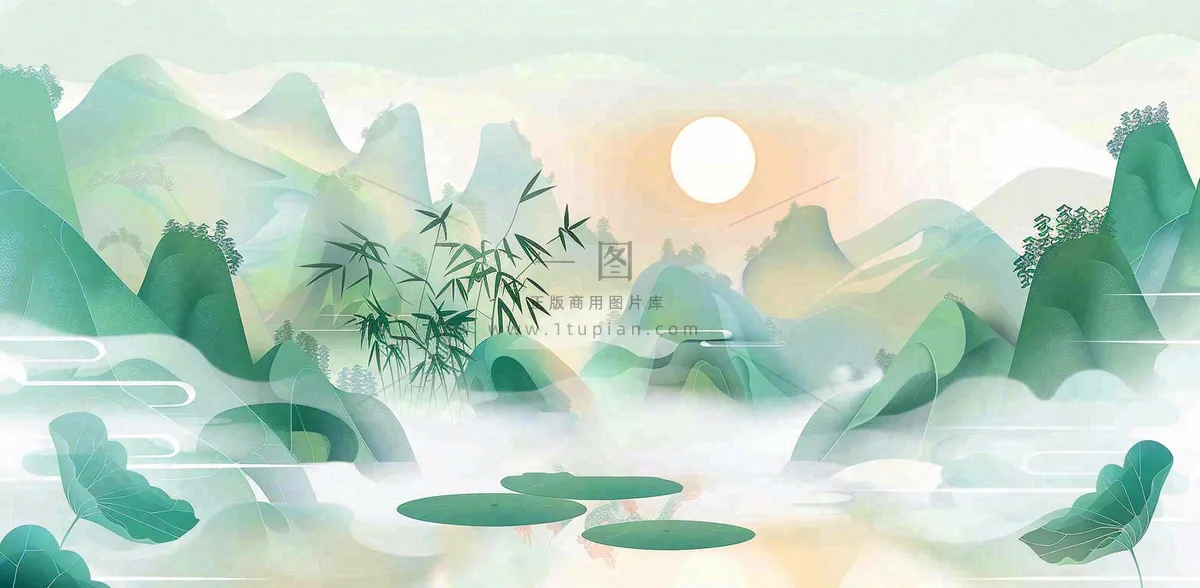 中国风插画山水竹叶青色插画清新淡雅端午节插画背景