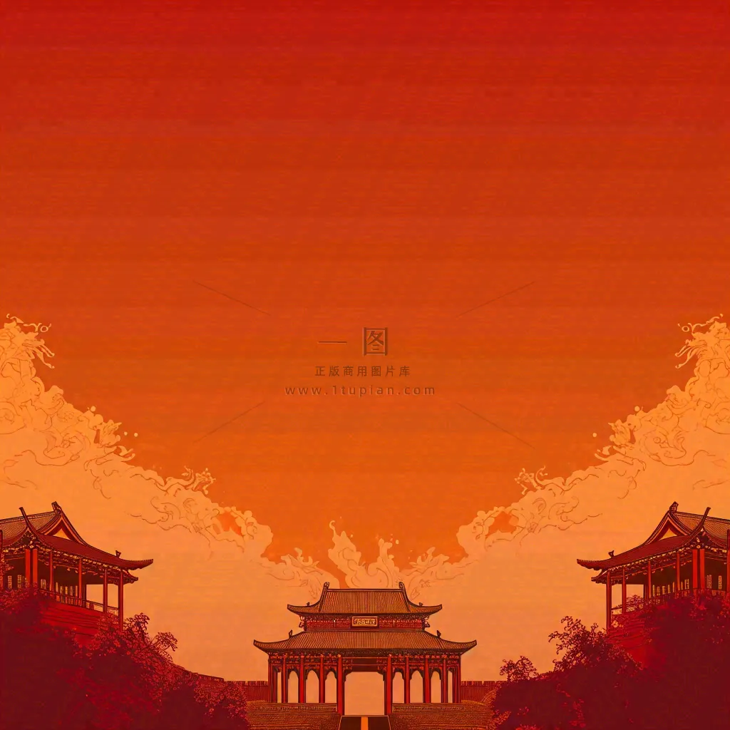 红色渐变国风建筑剪影，中国风简约