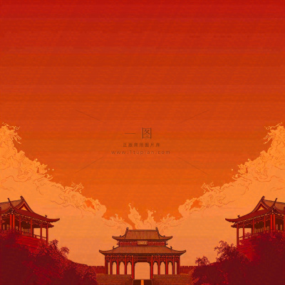 红色渐变国风建筑剪影，中国风简约
