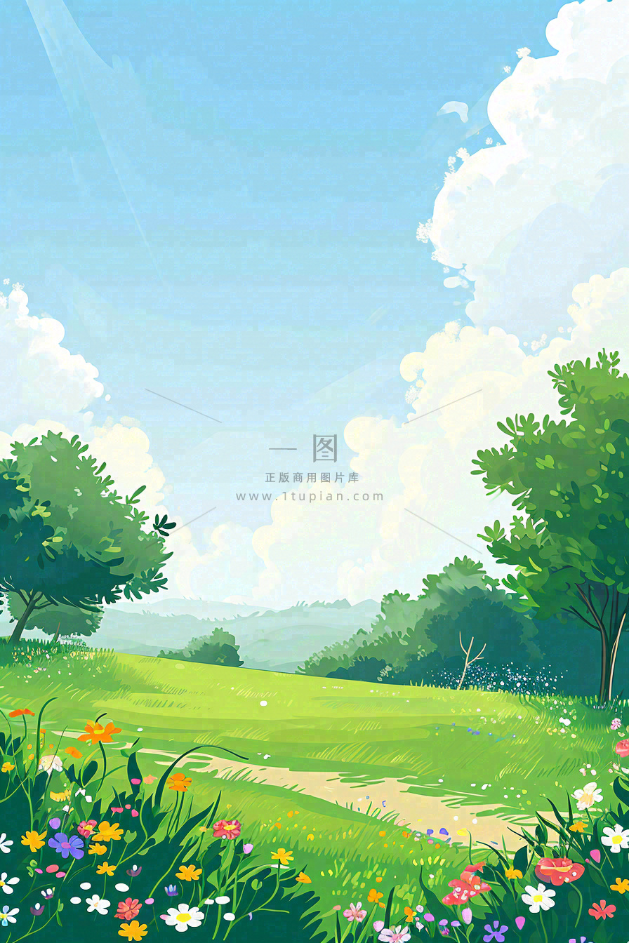 春日郊游草坪小路小花踏青手绘插画,立春春分