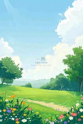 春日郊游草坪小路小花踏青手绘插画，立春春分