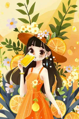 夏天喝橙汁的女孩橘黄色度假风鲜花花丛清凉解暑立夏大暑小暑夏至卡通插画背景