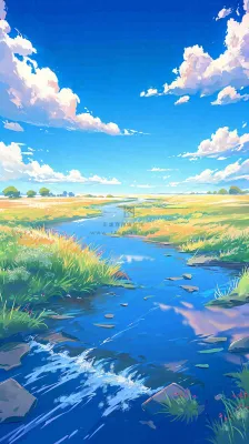 蓝天白云草地溪流春天阳光灿烂的日子春分春风，插画手绘