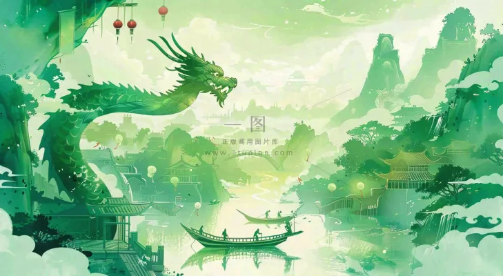 中国风国潮插画龙绿色盛世端午节插画背景 中国风国潮插画龙绿色盛世端午节插画背景