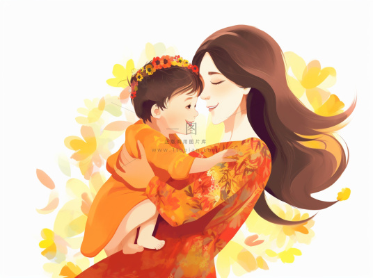 母亲节妈妈拥抱着孩子花海手绘插画素材海报背景