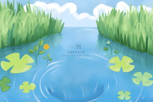 夏日玩水湖面植物荷叶睡莲插画背景 夏日玩水湖面植物荷叶睡莲插画背景