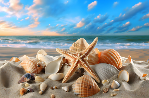 沙滩上的海星和贝壳充满活力的舞台背景