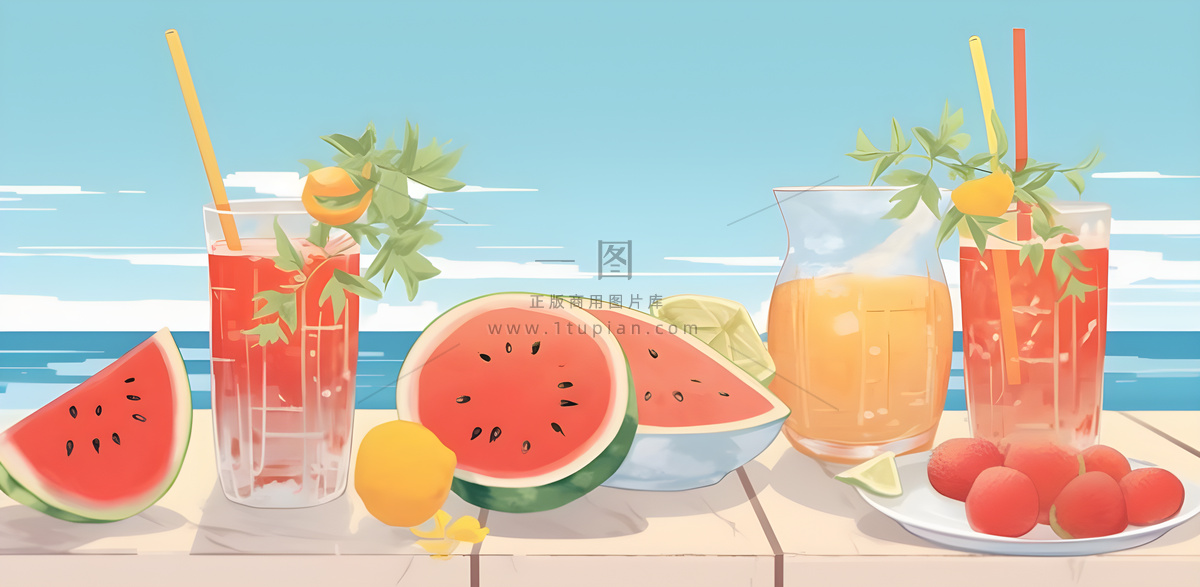 海边沙滩水果西瓜饮料背景