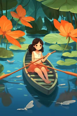 夏日女孩在荷叶睡莲湖面划船观赏卡通插画素材背景