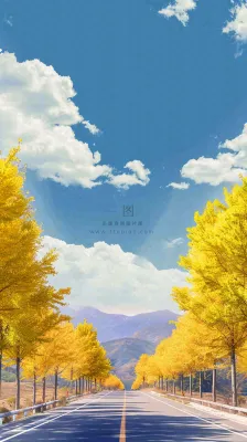 秋天蓝天白云下唯美公路旁的黄叶树木,秋分处暑摄影图 秋天蓝天白云下唯美公路旁的黄叶树木,秋分处暑摄影图