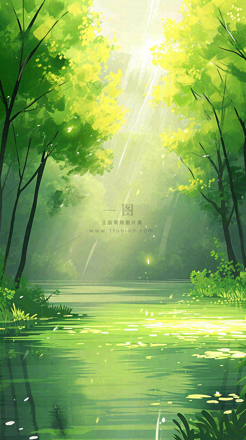 夏日森林丛林阳光绿色河面草丛树木手绘插画,夏至小暑大暑