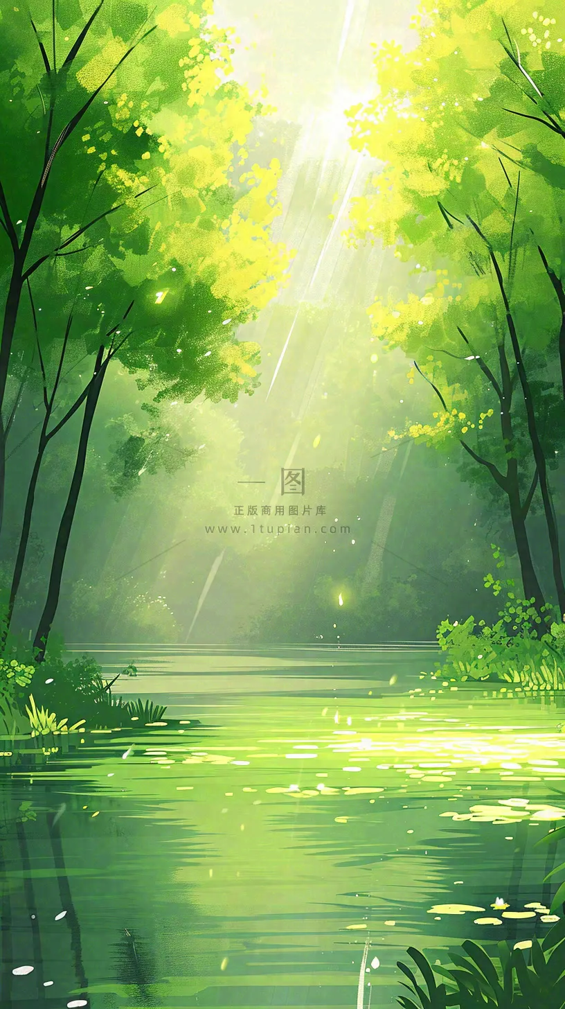 夏日森林丛林阳光绿色河面草丛树木手绘插画，夏至小暑大暑