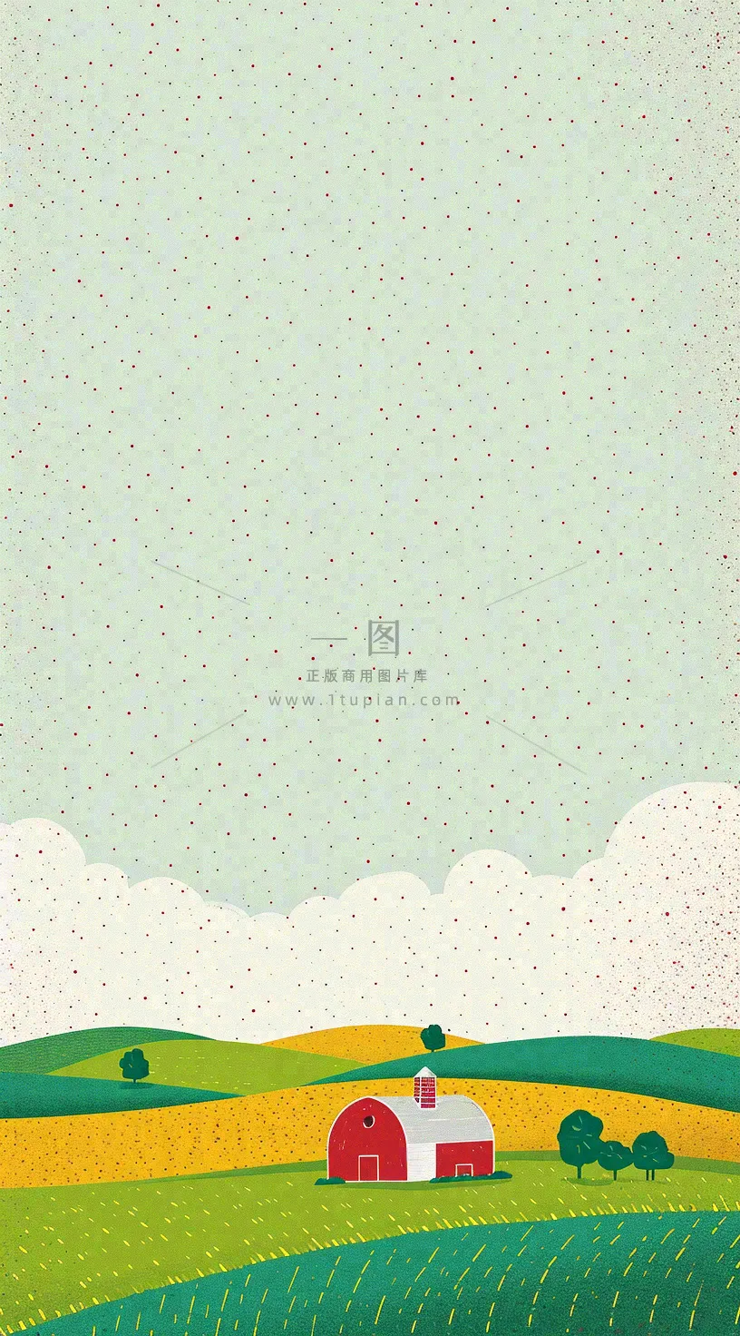 清新山脉草坪点线面扁平屋子树木手绘插画