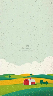 清新山脉草坪点线面扁平屋子树木手绘插画 清新山脉草坪点线面扁平屋子树木手绘插画