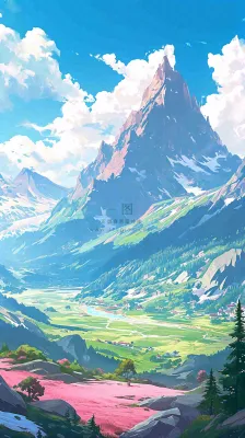 阳光春天细长流水山脉村庄小屋草坪，春分，旅行露营