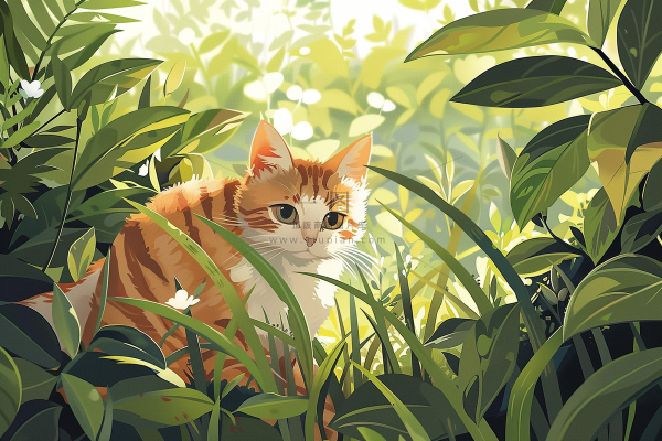 春日草丛里的猫橘猫可爱卡通插画背景 春日草丛里的猫橘猫可爱卡通插画背景