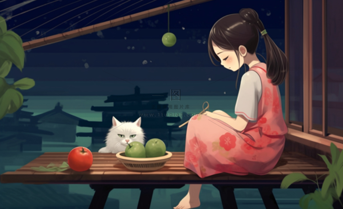 夜晚窗边乘凉水果猫插画背景
