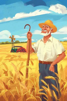 秋天农民伯伯秋收小麦丰收粮食金黄风车芒种立秋秋分卡通插画背景