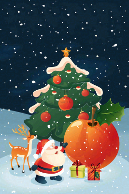 冬天雪地里的红苹果圣诞树圣诞老人童话平安夜圣诞节卡通插画背景 冬天雪地里的红苹果圣诞树圣诞老人童话平安夜圣诞节卡通插画背景