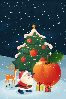 冬天雪地里的红苹果圣诞树圣诞老人童话平安夜圣诞节卡通插画背景 冬天雪地里的红苹果圣诞树圣诞老人童话平安夜圣诞节卡通插画背景