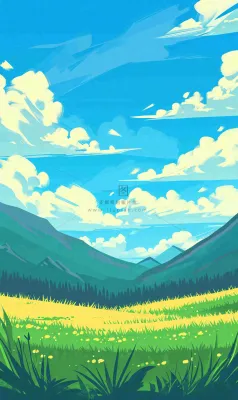 蓝天白云草地山脉插画手绘