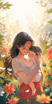 母亲节妈妈亲情抱着孩子鲜花光辉插画背景