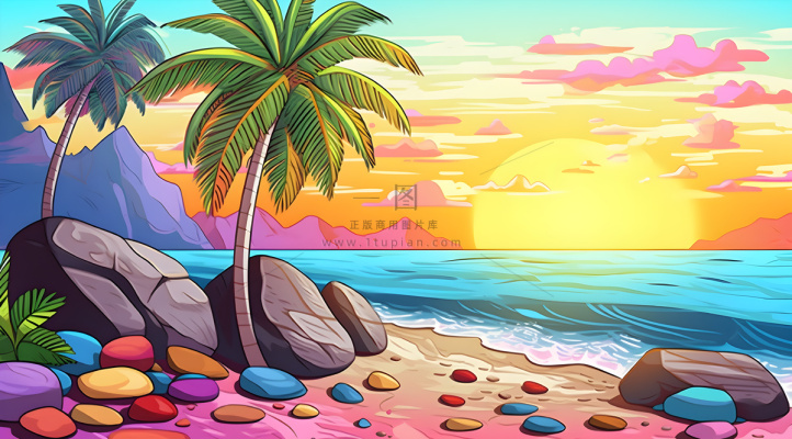 带有棕榈树和石头的热带海滩的 Instagram 图标图像，充满活力的漫画风格，天蓝色，彩色动画剧照，大型画布绘画，3840x2160，极简主义背景，生动的海景插画背景
