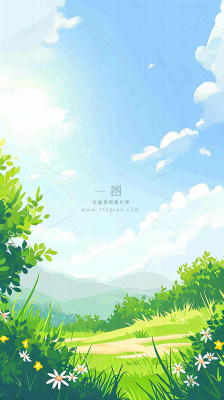 春天郊外露营旅行山脉蓝天白云草坪草地花丛，清新自然，惊蛰春分