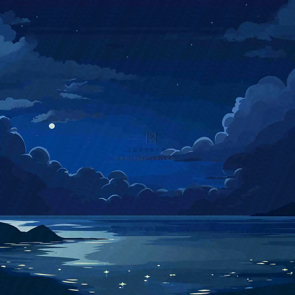 夜晚河面星空月亮唯美夜景扁平插画手绘