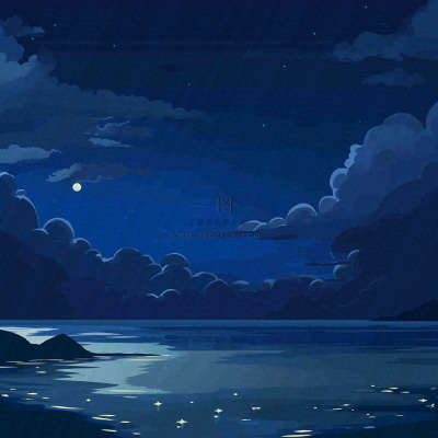 夜晚河面星空月亮唯美夜景扁平插画手绘