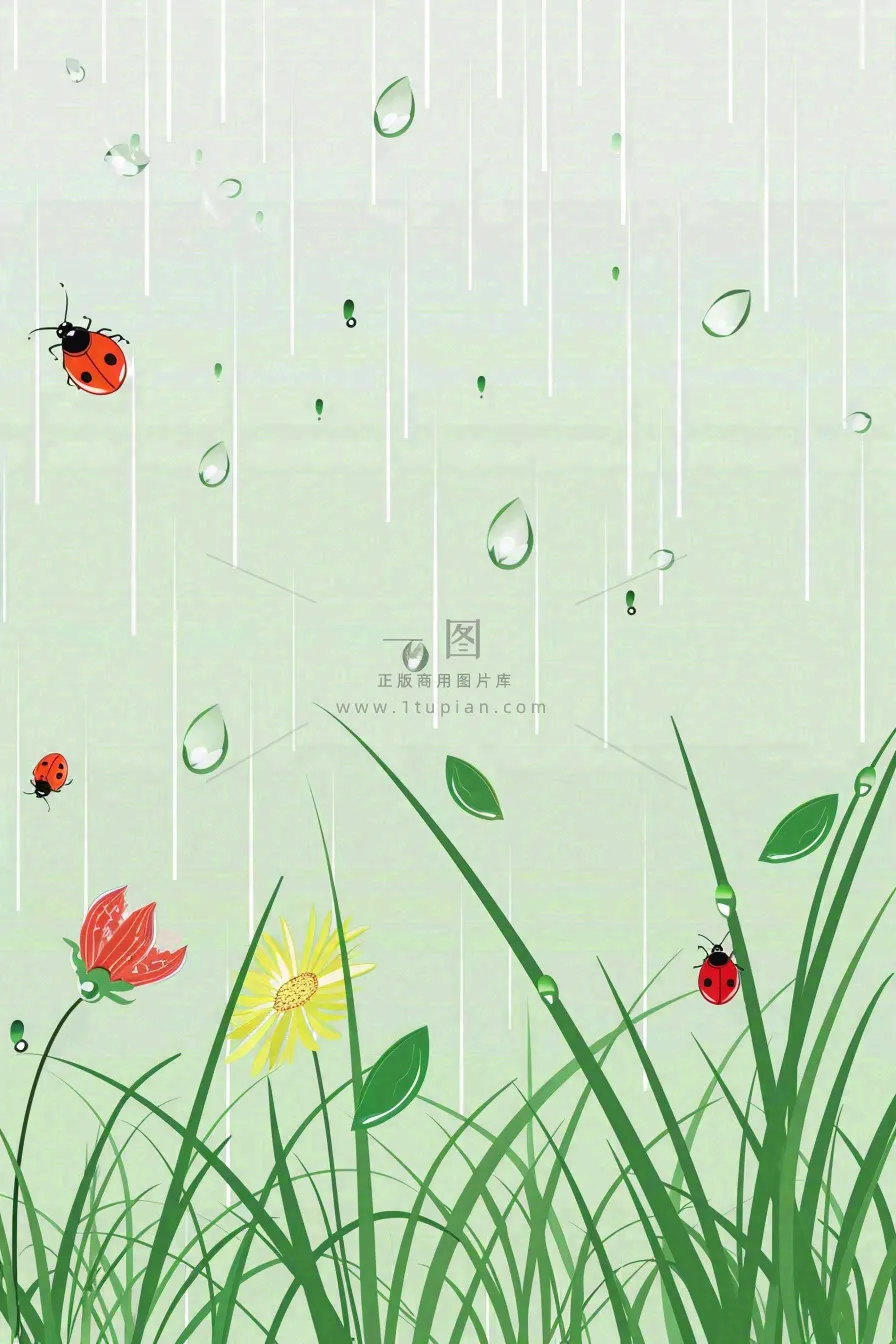春天草丛花丛昆虫下雨天雨水惊蛰谷雨卡通插画背景