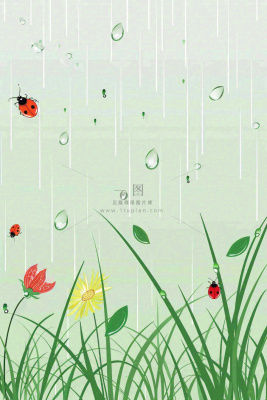 春天草丛花丛昆虫下雨天雨水惊蛰谷雨卡通插画背景 春天草丛花丛昆虫下雨天雨水惊蛰谷雨卡通插画背景