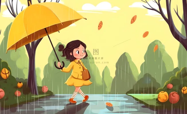 春天下雨天小女孩拿着雨伞在森林里漫步绿色黄色手绘插画海报素材背景