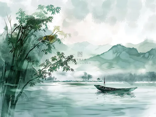 水墨山水画小船河面山川连绵国画插画背景 水墨山水画小船河面山川连绵国画插画背景