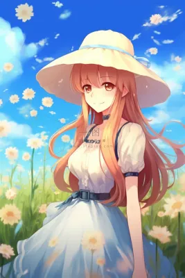 戴着帽子的美丽少女在花丛里卡通插画素材