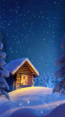 冬季夜晚蓝色星空下的小木屋灯火平安夜插画背景