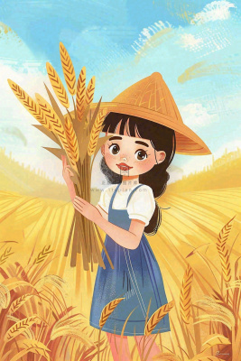 秋收麦田里抱着麦穗的女孩农民芒种立秋秋分卡通插画背景