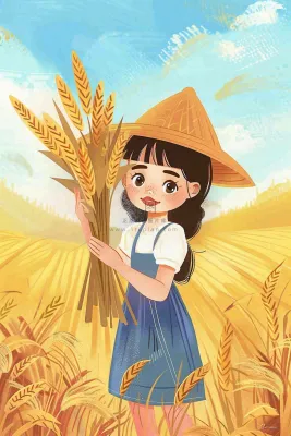 秋收麦田里抱着麦穗的女孩农民芒种立秋秋分卡通插画背景