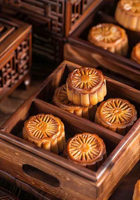 中国传统美食月饼中秋木质礼盒精美礼品摄影图