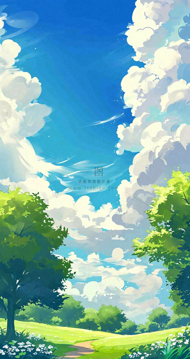 蓝天白云小花绿树树木草地插画手绘,春天春分