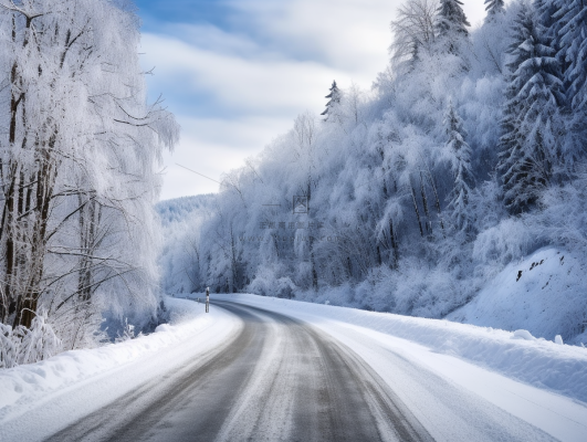 森林中央的雪路白雪皑皑的道路，美丽的冬季摄影图