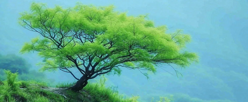 悬崖高山意境云层绿树树木特写