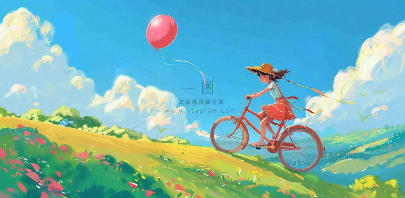 春夏踏青女孩骑自行车草原蓝天白云气球自由春分惊蛰卡通插画背景