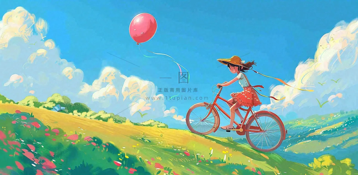 春夏踏青女孩骑自行车草原蓝天白云气球自由春分惊蛰卡通插画背景
