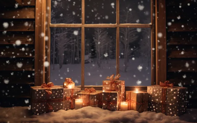 圣诞装饰喜庆礼物红色窗外下雪摄影图