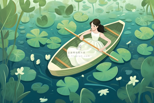 湖面划船睡莲湖水绿叶芦苇插画背景 湖面划船睡莲湖水绿叶芦苇插画背景