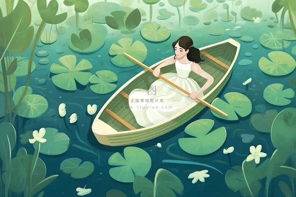 湖面划船睡莲湖水绿叶芦苇插画背景 湖面划船睡莲湖水绿叶芦苇插画背景