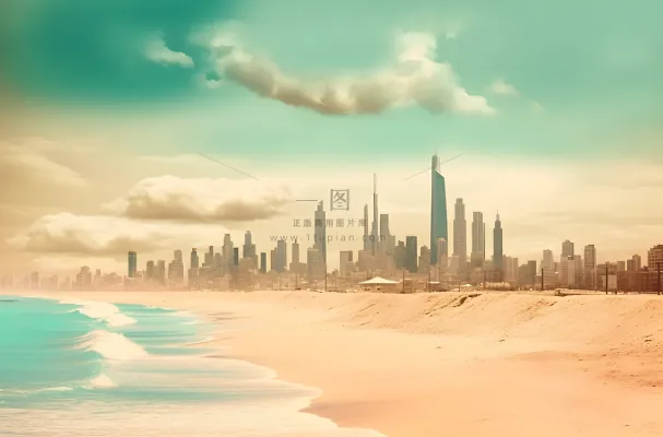 高楼城市旁海滩上的冲浪者，自然主义海浪风格，工业摄影，浅米色和绿松石色，西班牙启蒙运动，flickr，澳大利亚风景摄影图