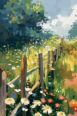 春天花圃后花园草丛小花惊蛰立夏油画插画背景 春天花圃后花园草丛小花惊蛰立夏油画插画背景