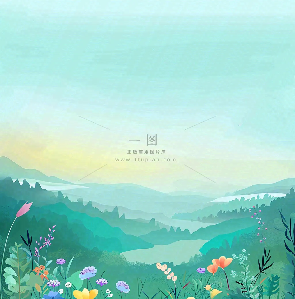 春天山脉小溪河流花丛绿植清新手绘插画，春分惊蛰